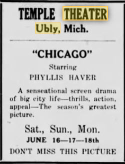 Huron Theatre - June 15 1928 Ad For Temple Could Be Same Theater Under Earlier Name